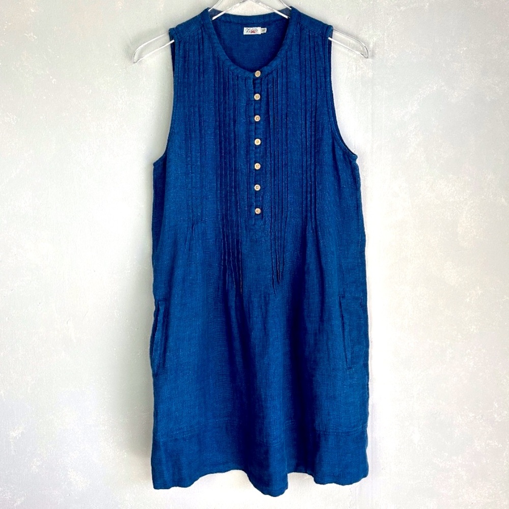 Faherty size S Isha basketweave short sheath dress blue sleeveless 100% linen